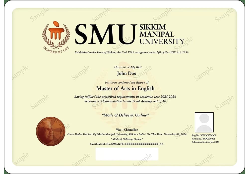 Online MA English sample degree certificate