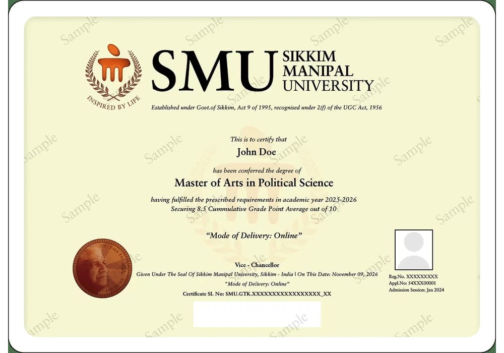 Online MA Political Science sample degree certificate