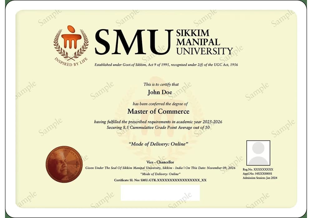Online M.Com sample degree certificate