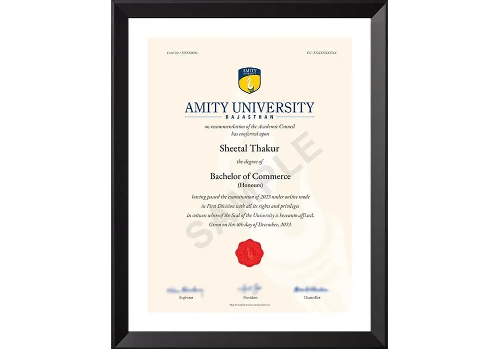 Online B.Com Honours sample degree certificate
