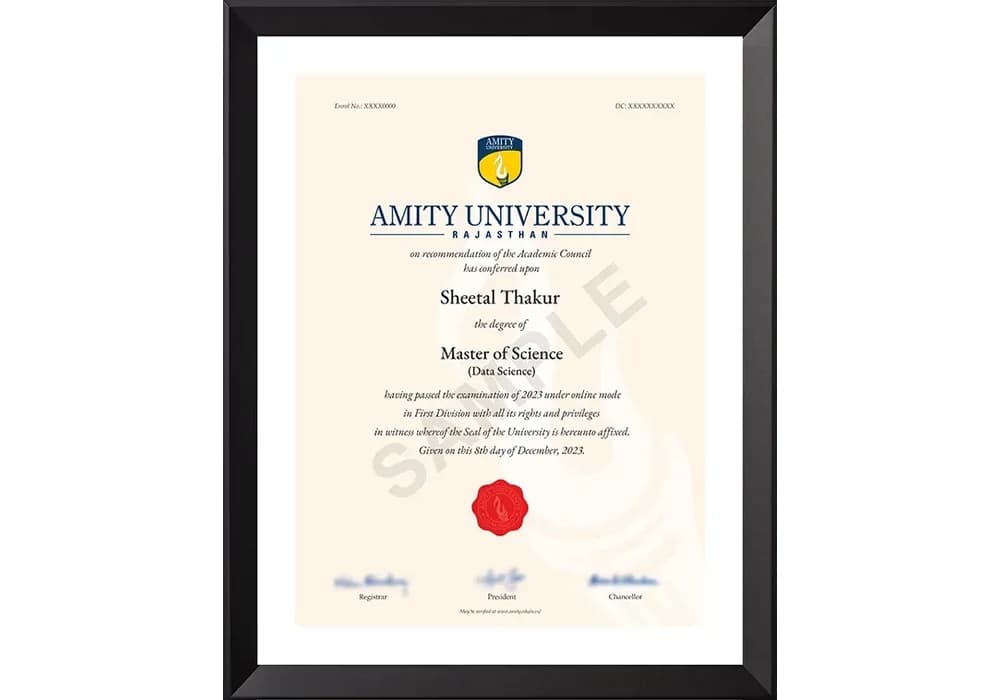 Online MSc Data Science sample degree certificate