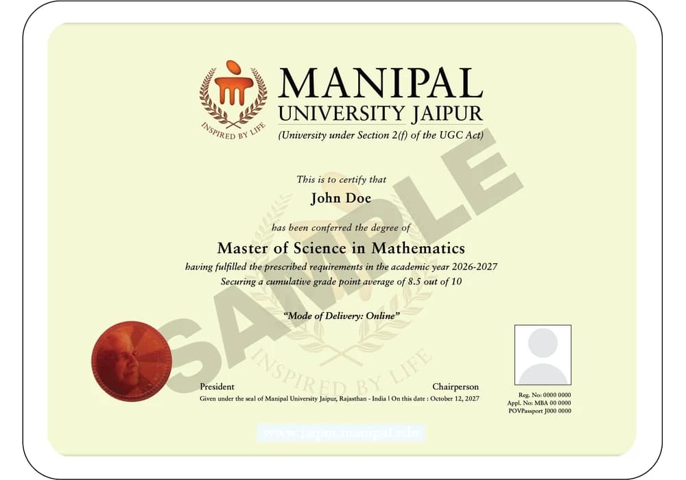 Online MSc Mathematics sample degree certificate